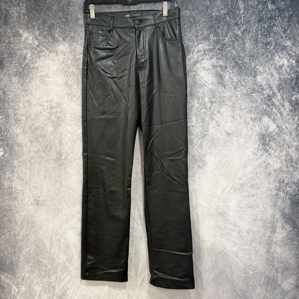 Zara FAUX LEATHER '90S WIDE LEG PANTS Black Size S‎ Stretch